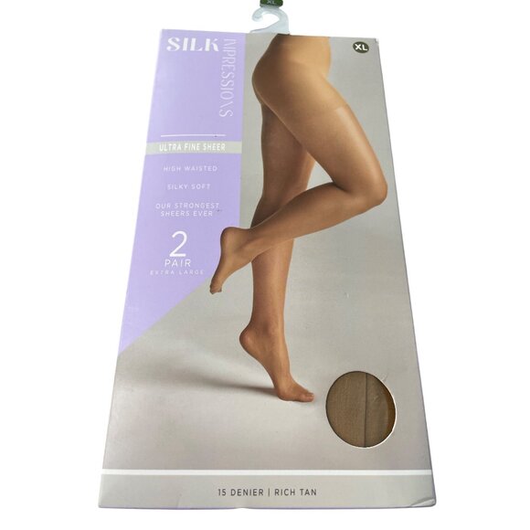 Silk Impressions Pantyhose Size XL Ultra Fine Sheer Rich Tan 15 Denier 2Pair NEW - Picture 1 of 6